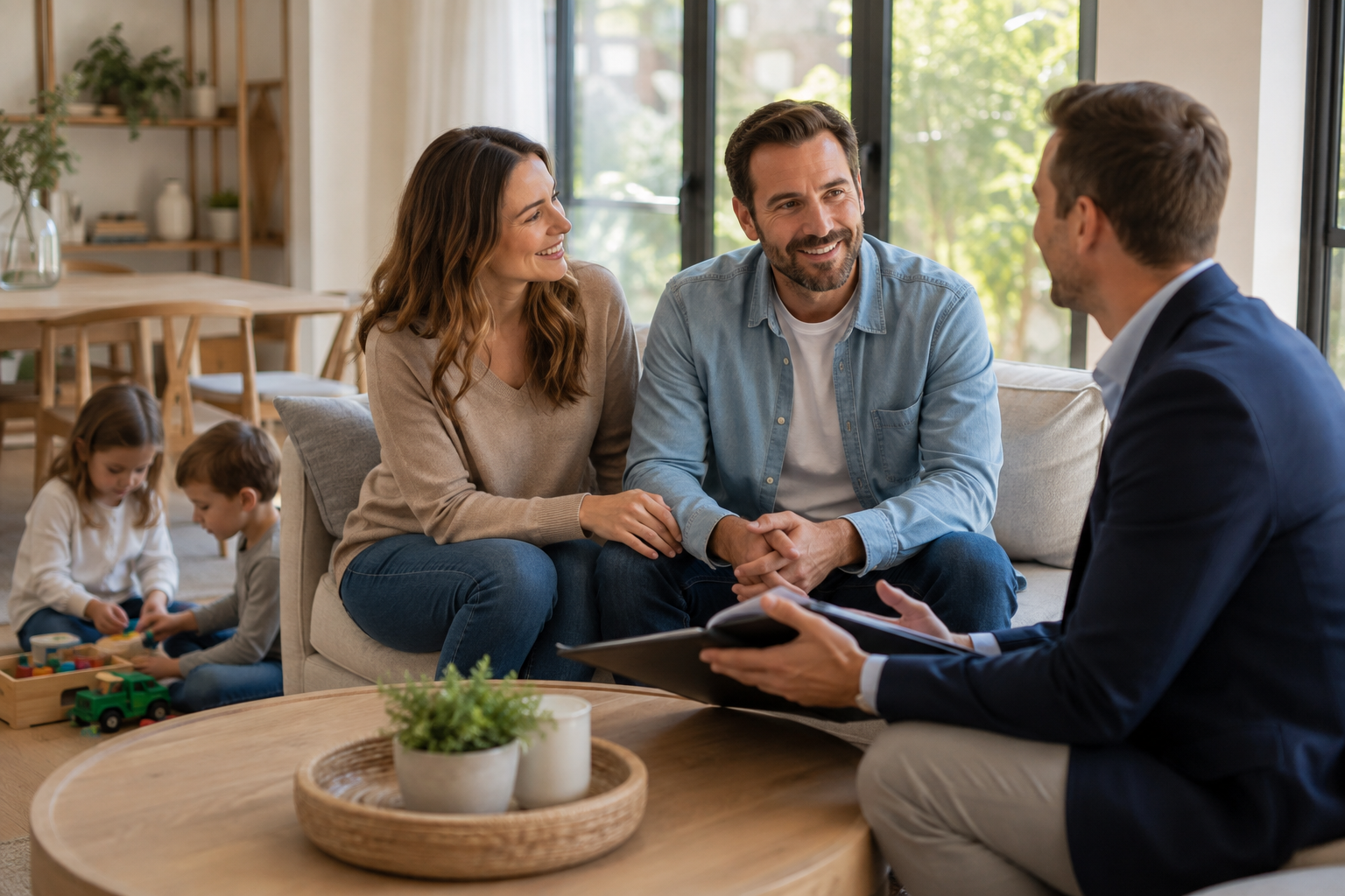 Family Conversation in a Sunlit Living Room